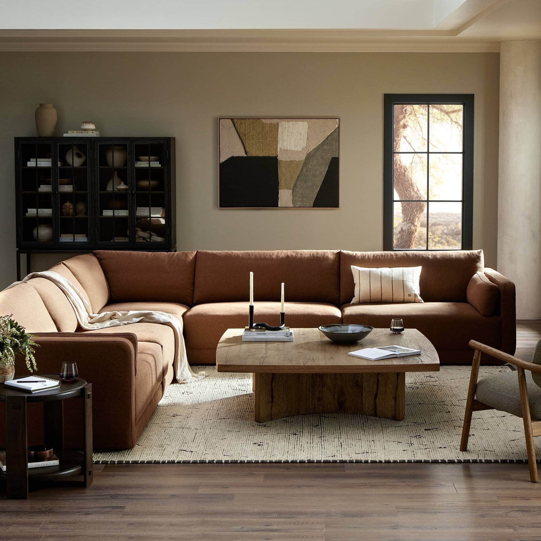 Sectional Sofa with Pedestal Base and Matte Black Cabinet