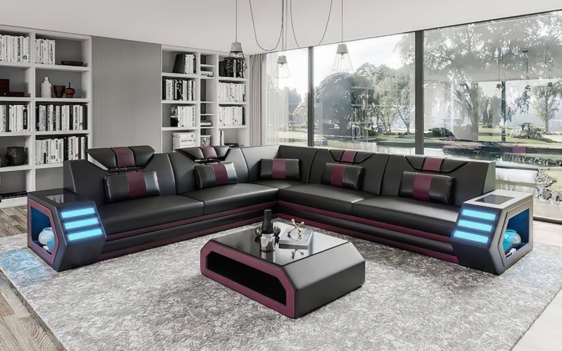 Sectional Sofa with Purple Racing Stripes and Integrated LEDs