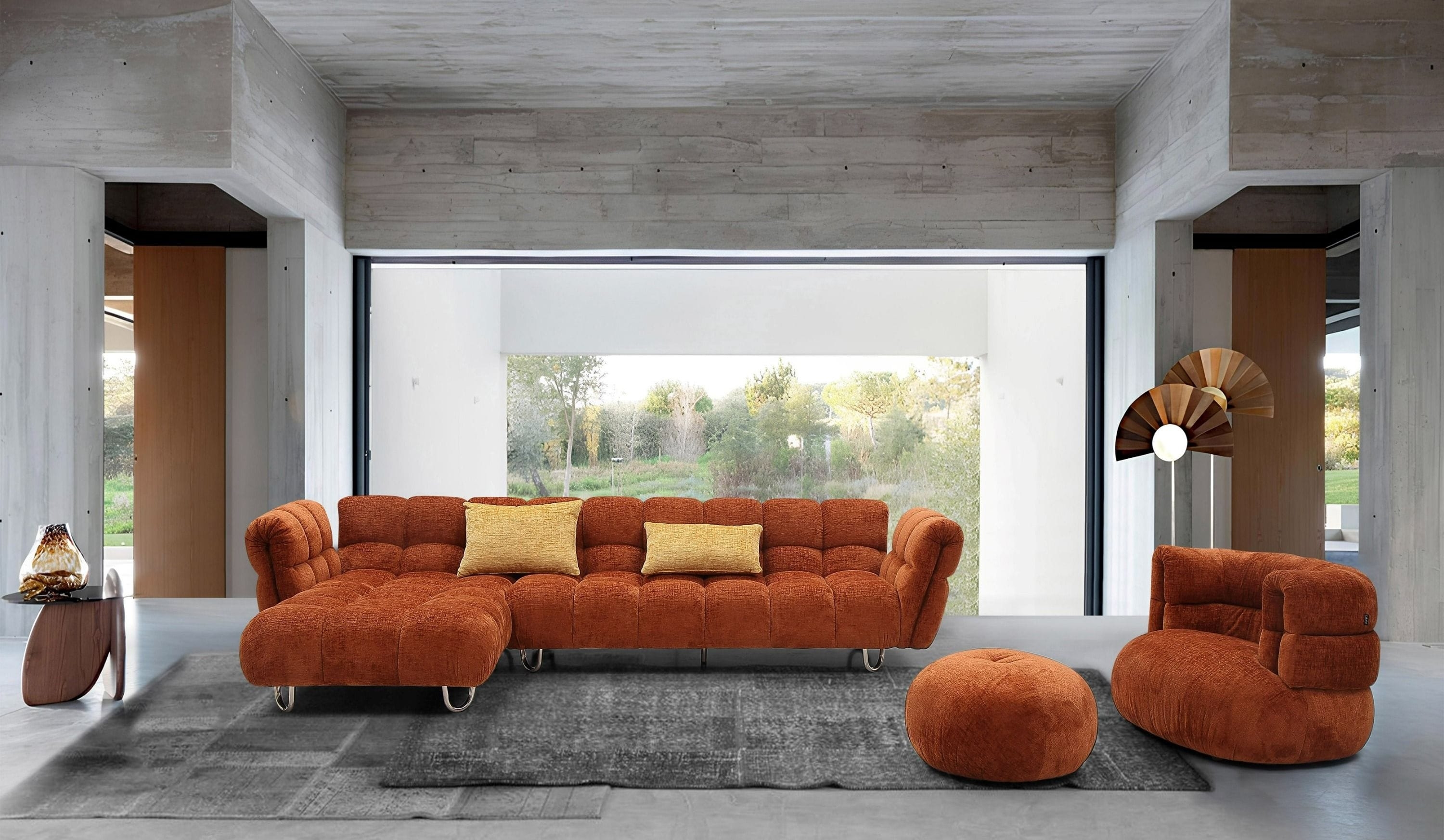 Sectional Sofa with Quilted Block Tufting and Chrome Legs