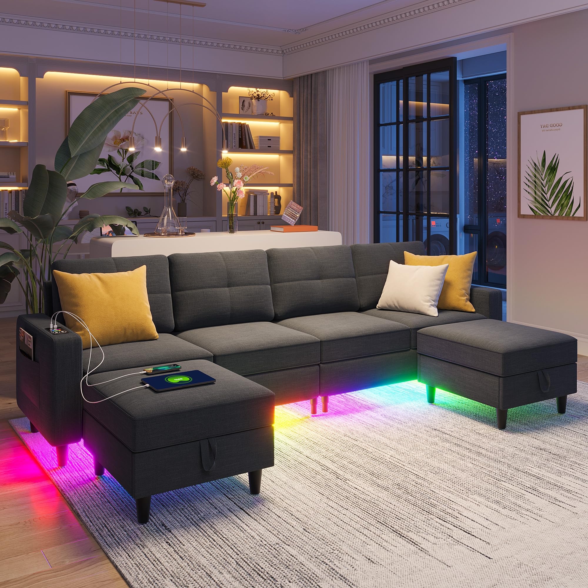 Sectional Sofa with Storage Ottoman and USB Charging Ports