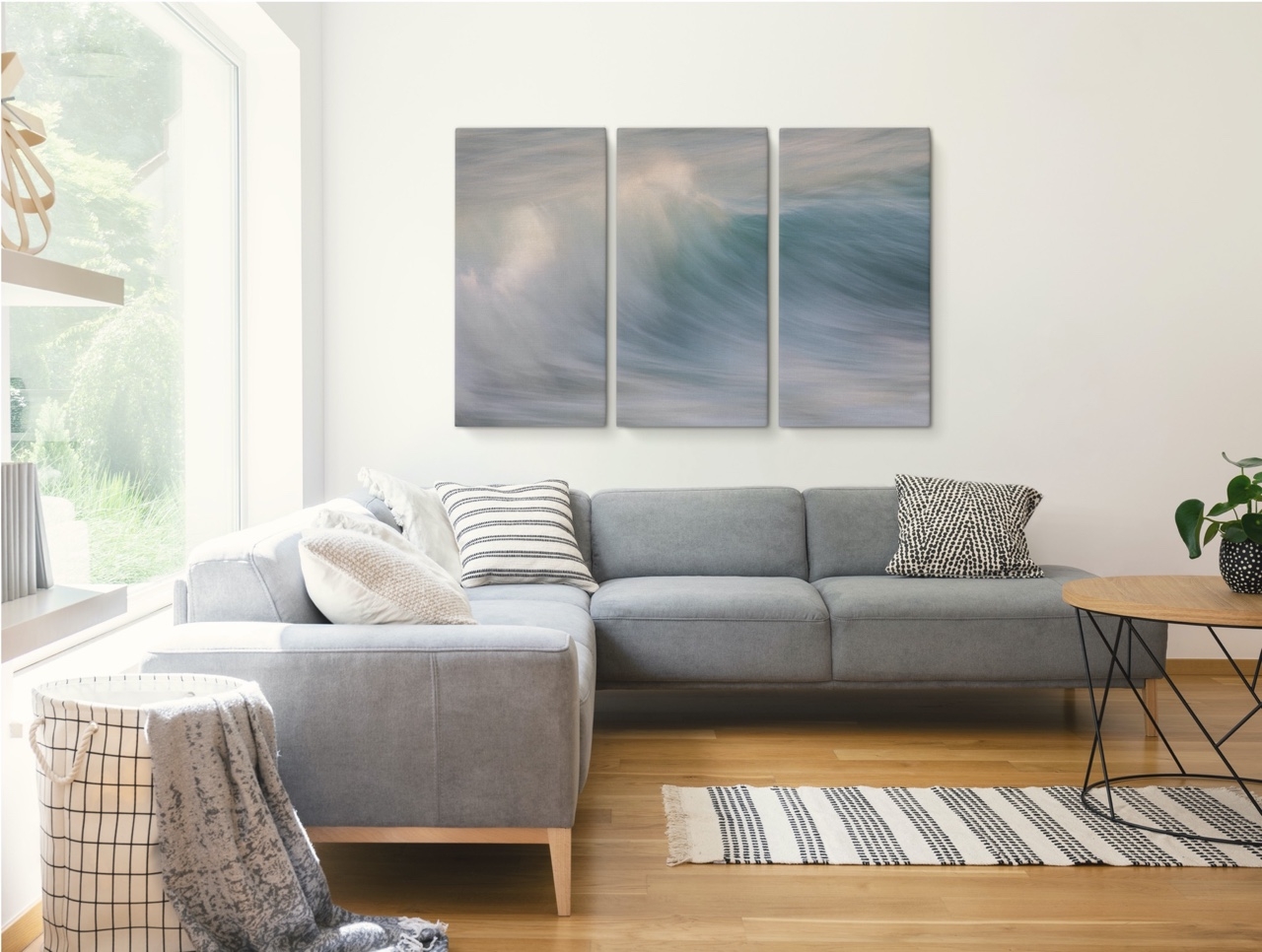 Sectional Sofa with Wave Triptych Art Round Wire Coffee Table