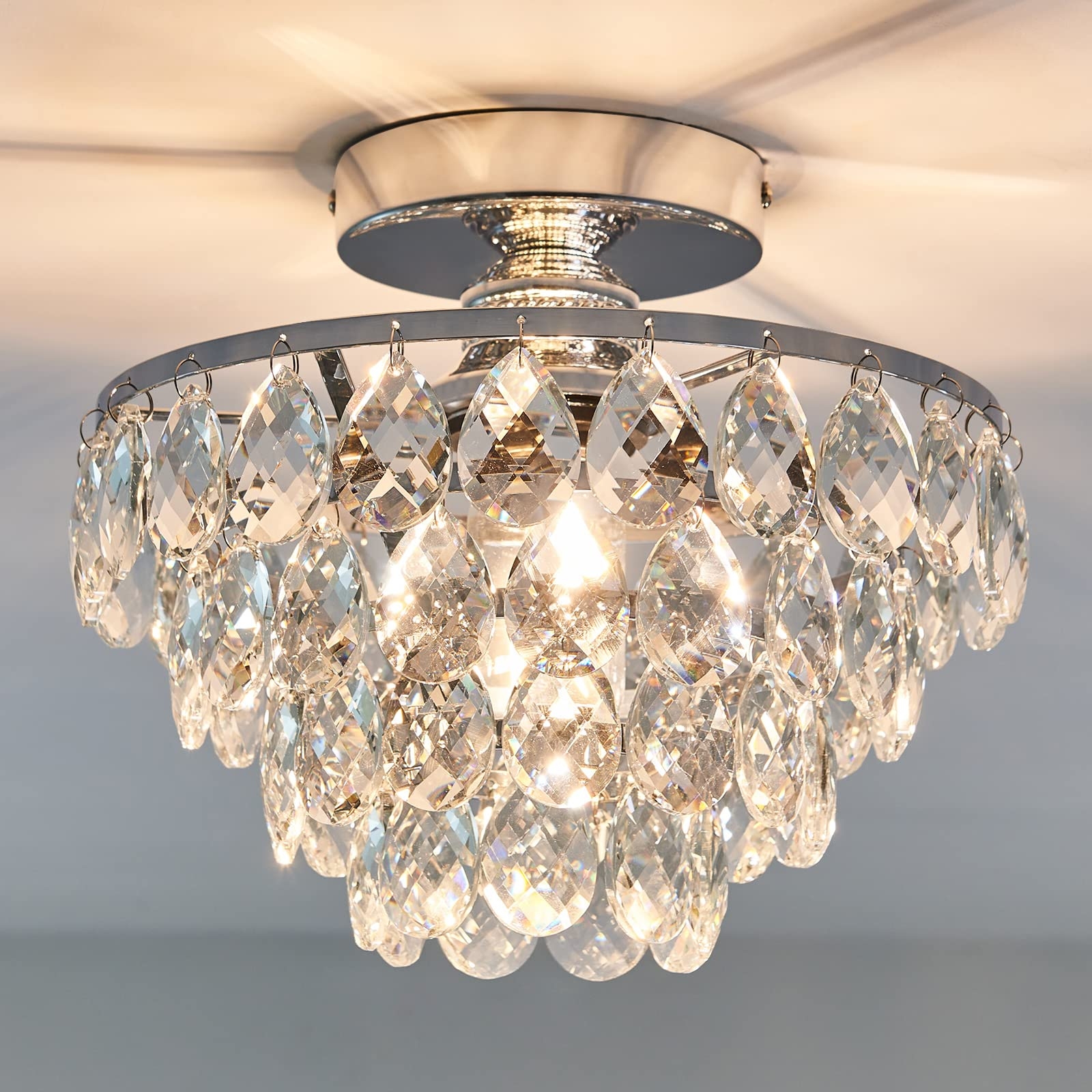 Semi Flush Mount: Chrome Tiered Shimmer Teardrop Crystals