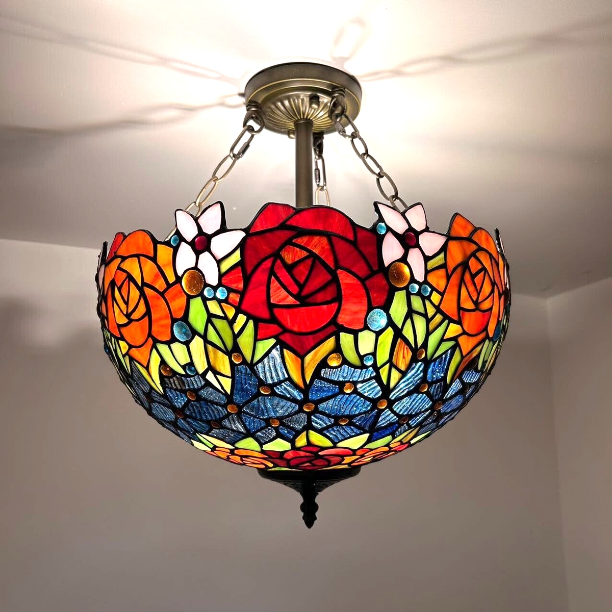 Semi Flush Mount with Rose Pattern and Blue Geometric Base