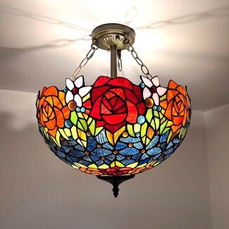 Semi Flush Mount with Rose Pattern and Blue Geometric Base