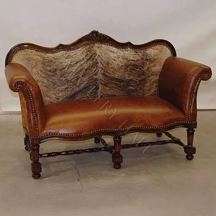 Settee with Turned Spool Legs and Brindle Cowhide