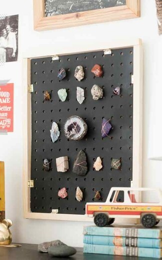 Shadowbox Display with Pegboard Backing and DIY Mineral Collection