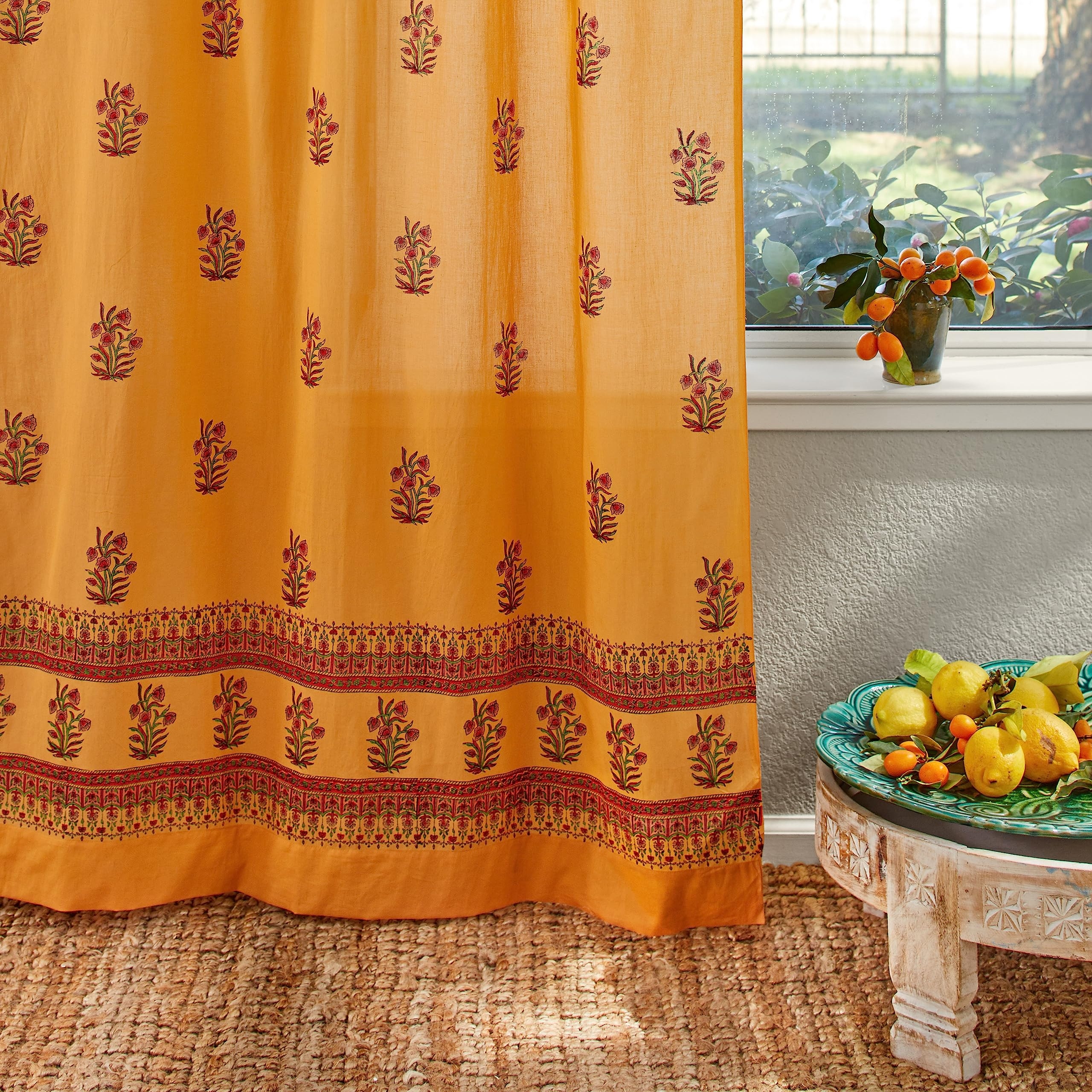 Sheer Curtain: Tangerine Orange Hand Block Printed Voile