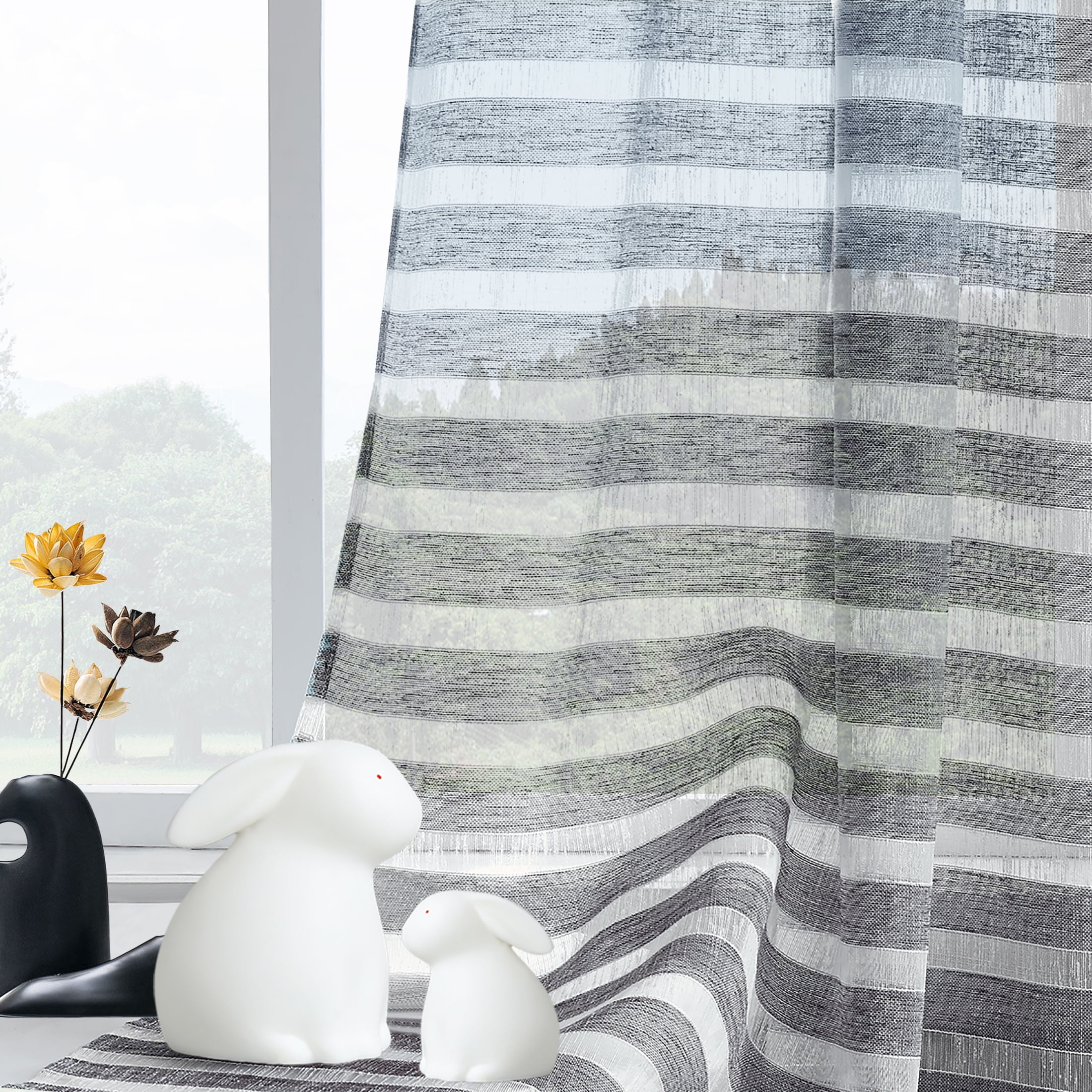 Sheer Curtains: Grey Linen Texture Voile Stripe Panels