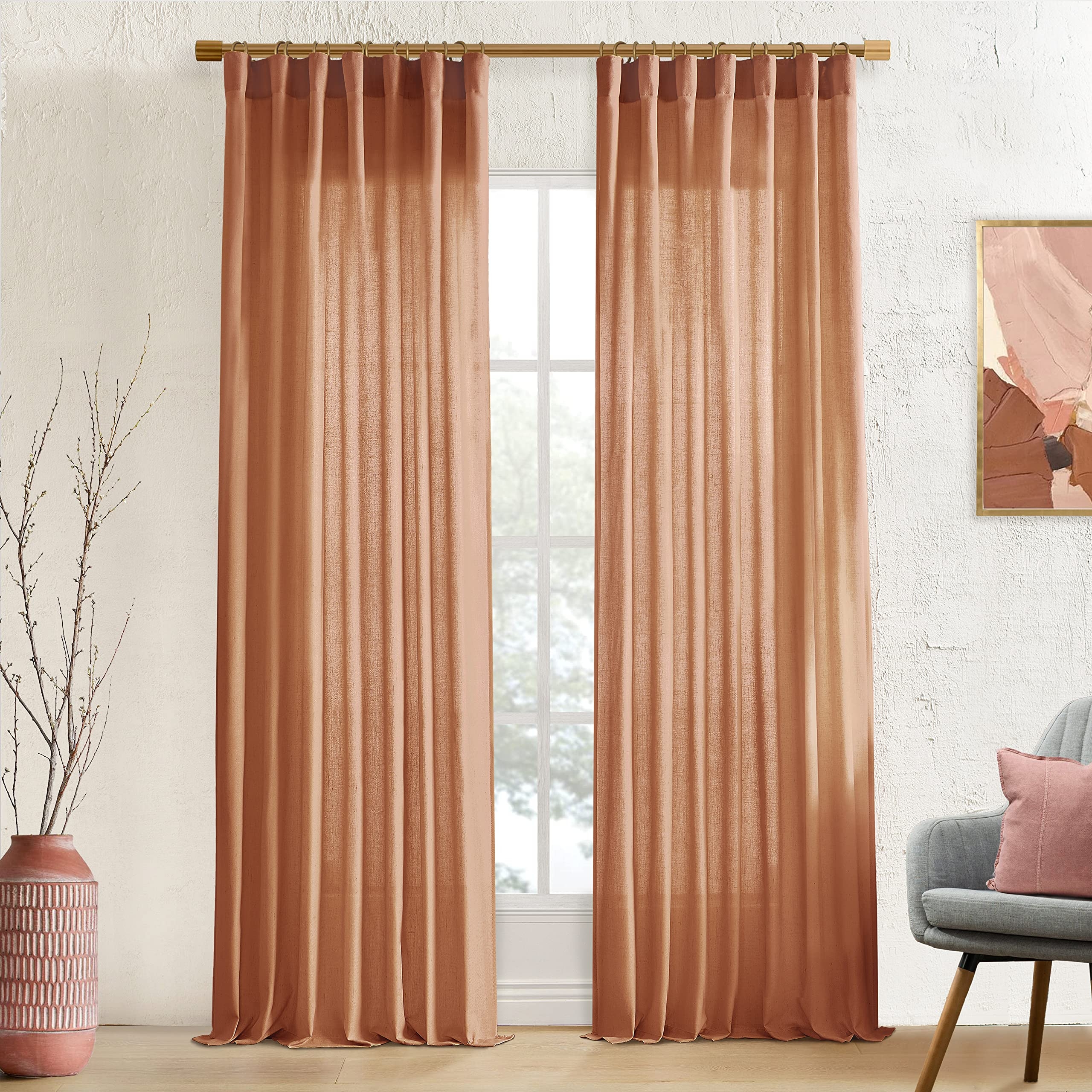 Sheer Curtains Terracotta Slub Texture Linen Sheer
