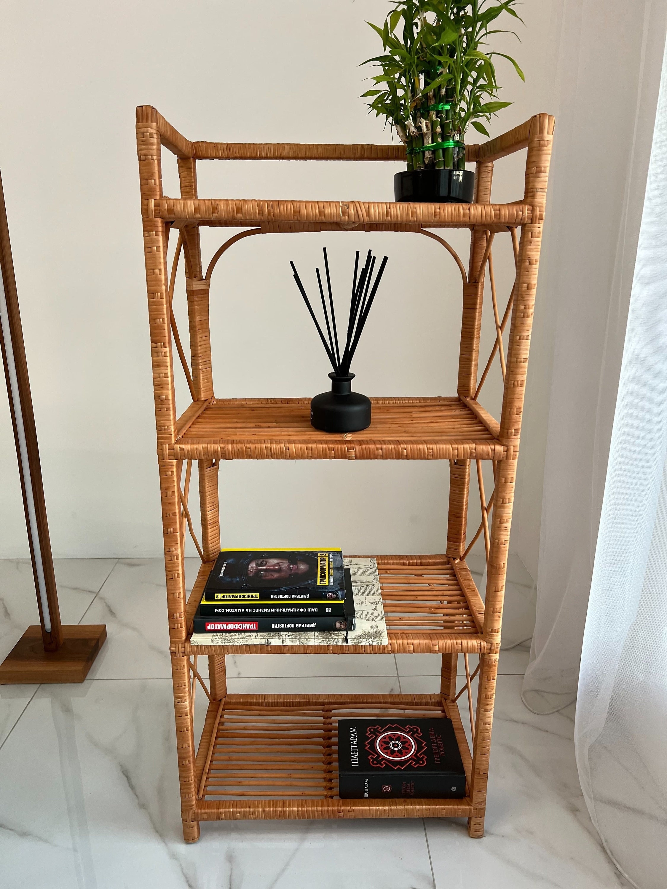 Shelving Unit Arched Accents Natural Wicker Four Tier