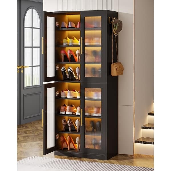 Shoe Cabinet Charcoal Grey Fluted Acrylic Doors LED Lighting Unit