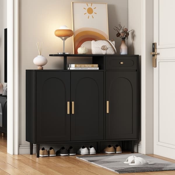 Shoe Cabinet Matte Black Arched Door Panels Transitional Cupboard