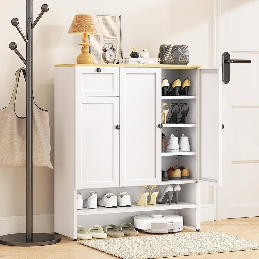 Shoe Cabinet Matte White Recessed Panel Doors Hallway Storage