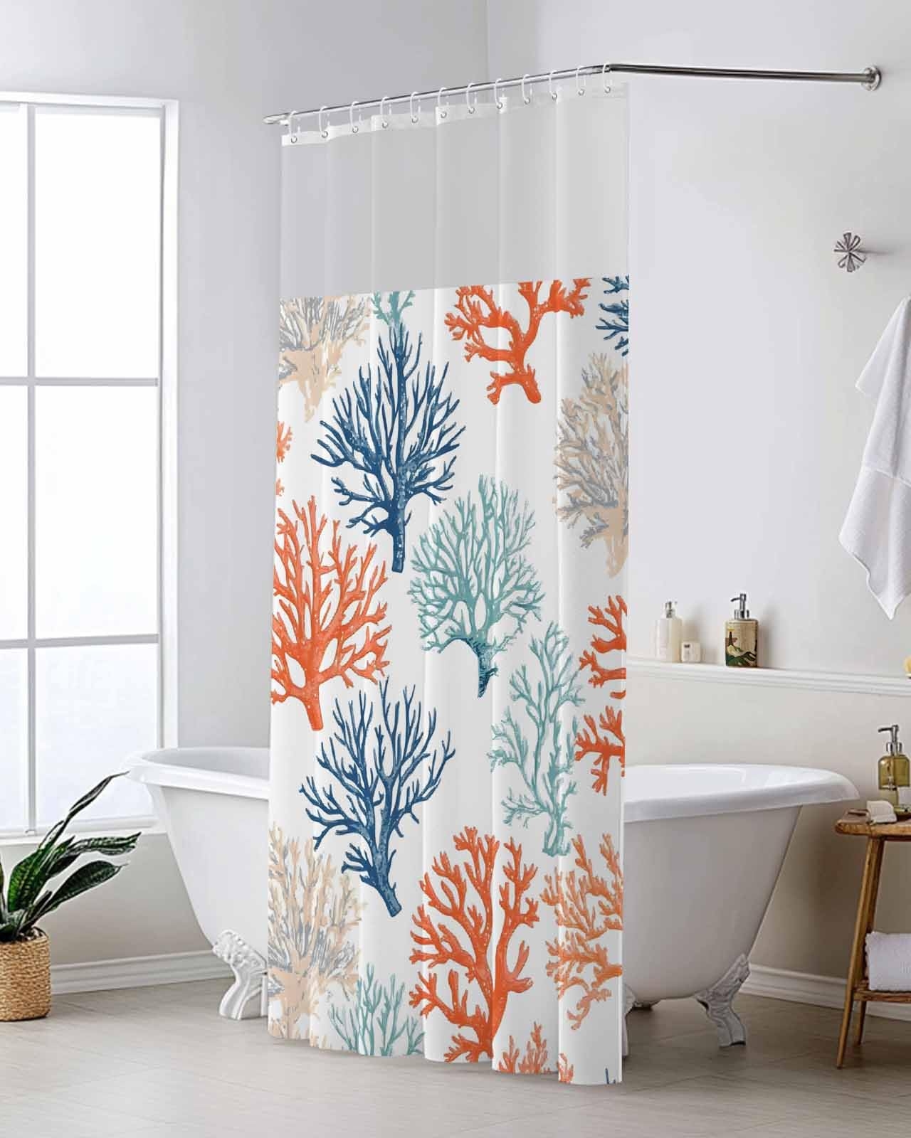 Shower Curtain Mesh Top Window Multicolored Coral