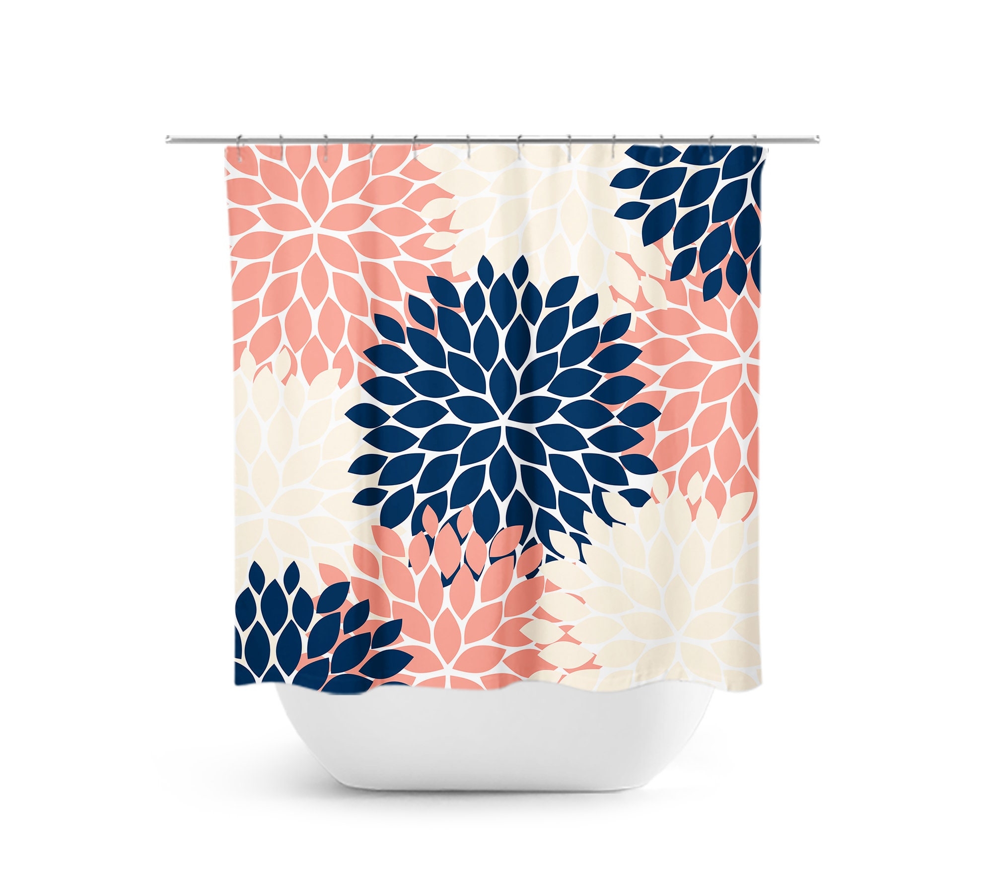 Shower Curtain Navy Flower Burst Pattern Floral Decor