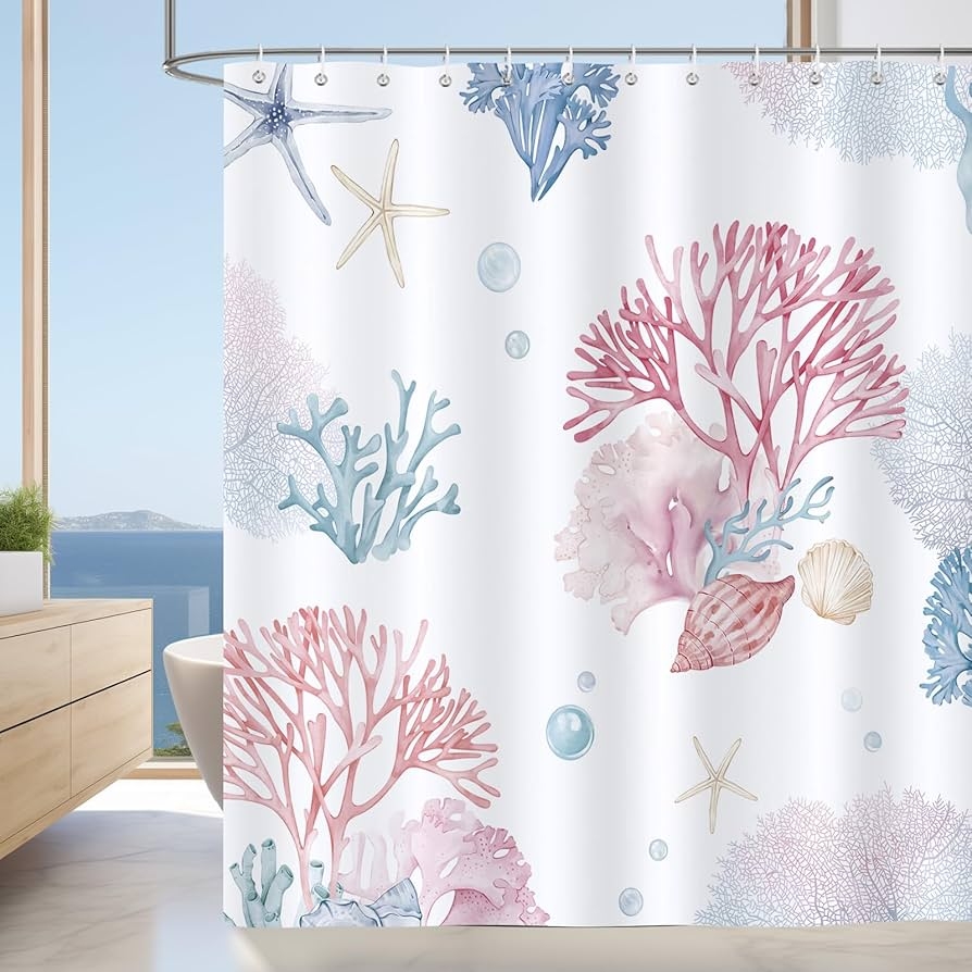 Shower Curtain Watercolor Sea Life Starfish Motif