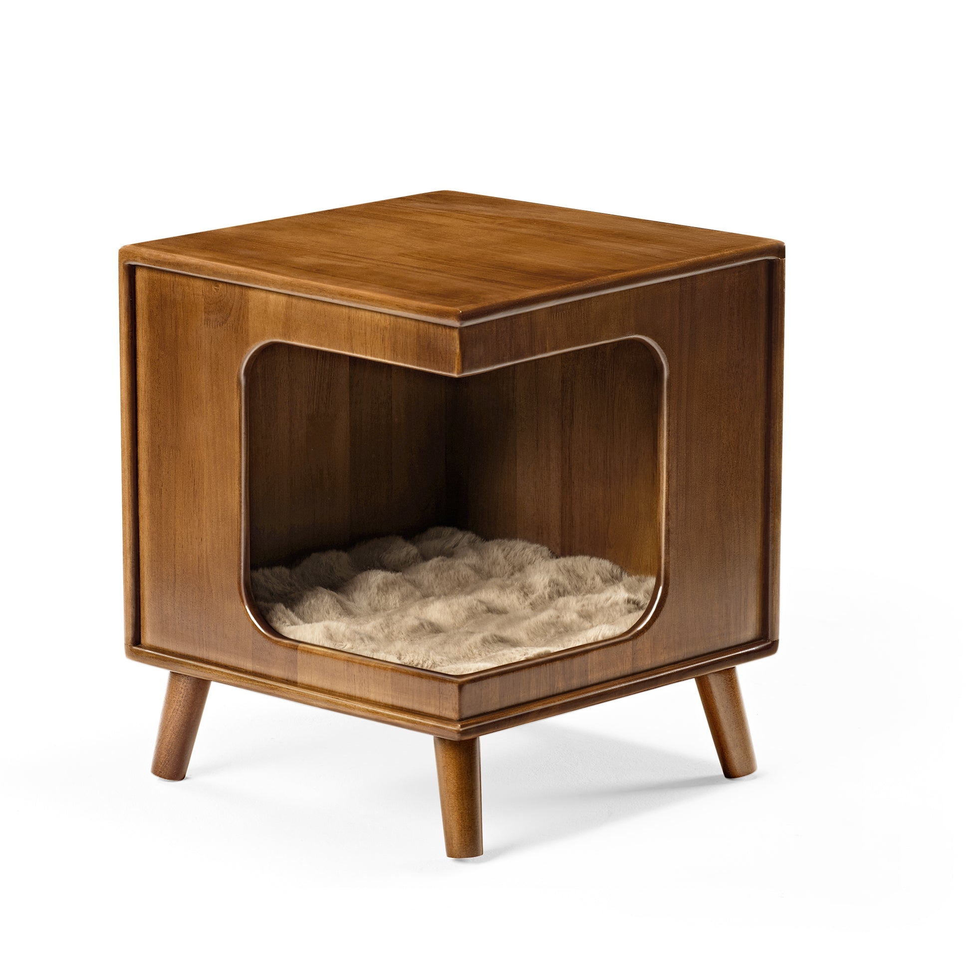 Side Table Cat Bed With Cutout Corner and Recessed Top