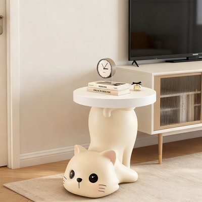 Side Table Cat Figurine Base Animal Motif Round Tray Top