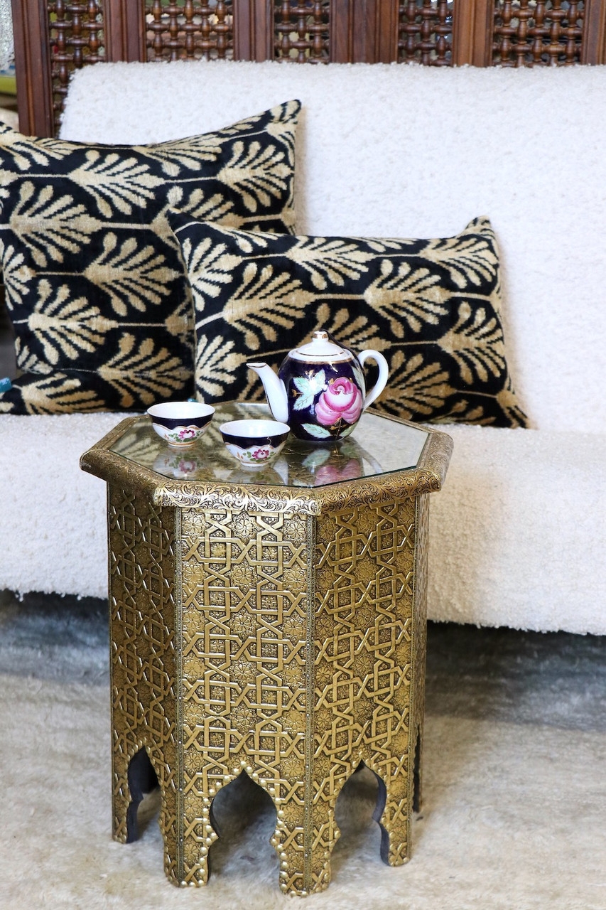 Side Table Geometric Fretwork Antique Gold Metal Accent