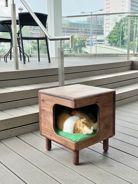 Side Table Walnut Brown Cat Condo Opening Tapered Legs