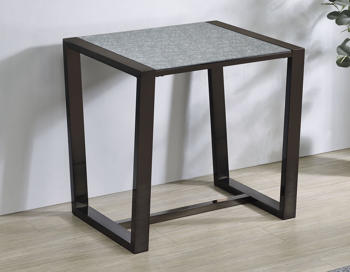 Side Table with Etched Mirror Top and Dark Chrome Finish
