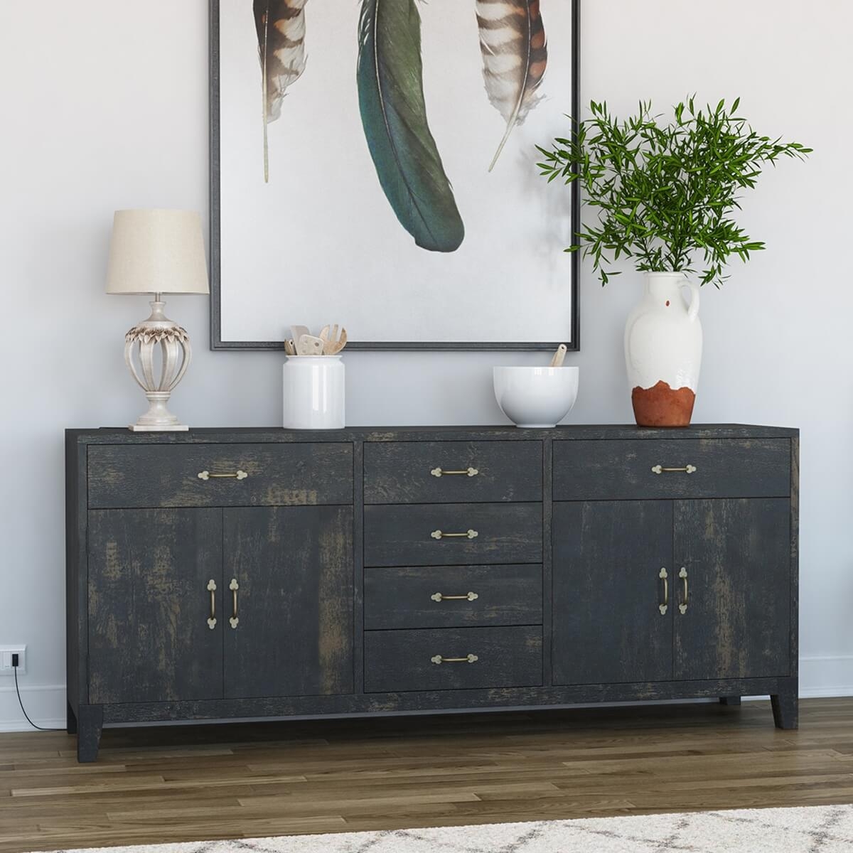 Sideboard Distressed Charcoal Six Drawer Buffet