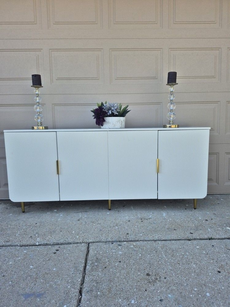 Sideboard White Fluted Doors Gold Tapered Leg Storage