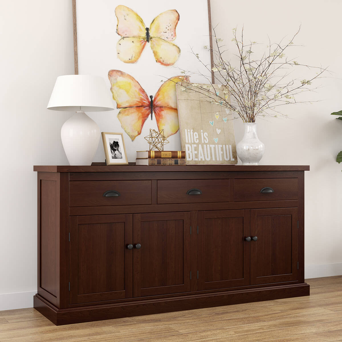 Sideboard With Cup Drawer Pulls And Three Storage Drawers