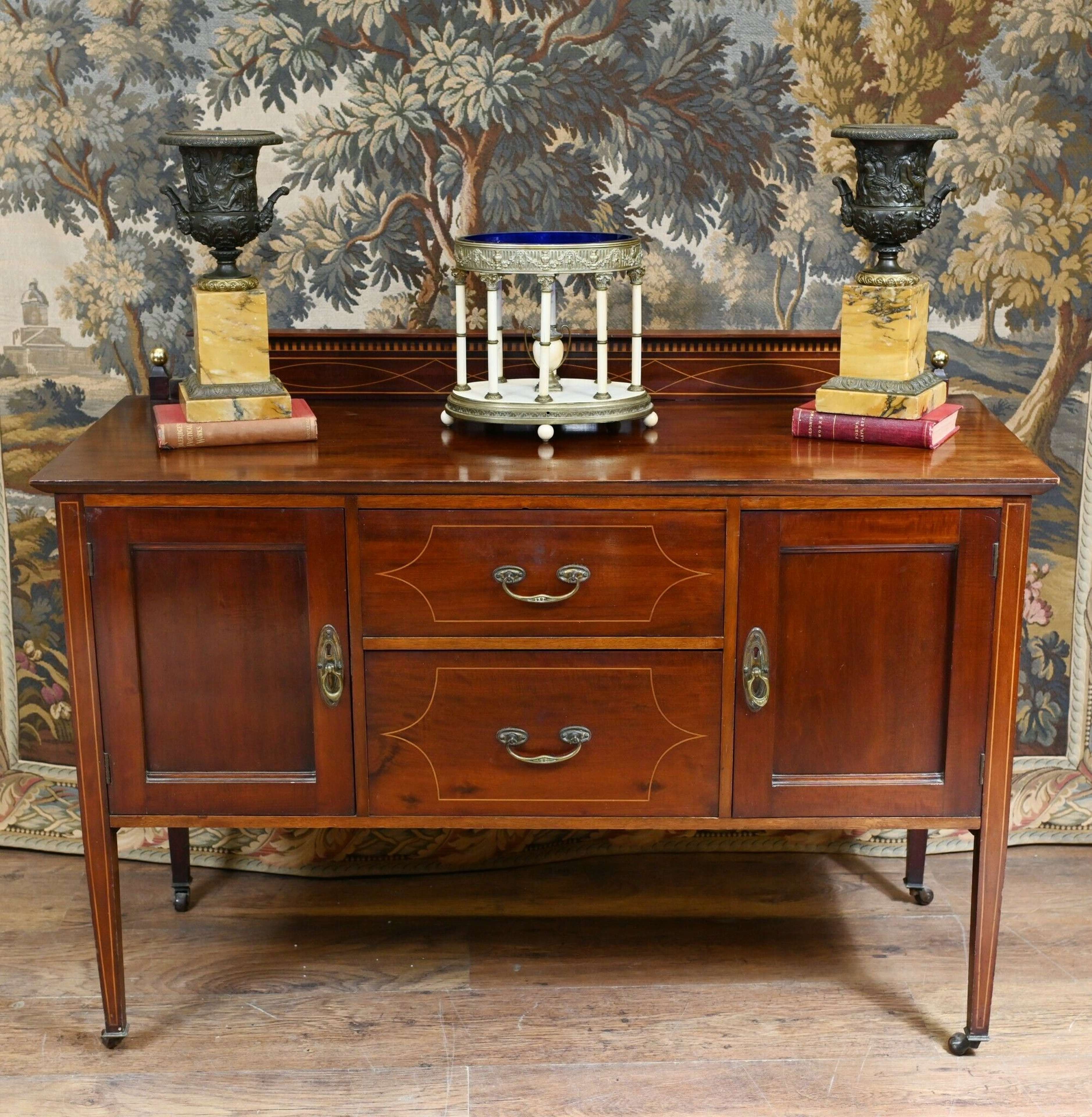 Sideboard With Metal Casters And Sheraton Inlaid Wood