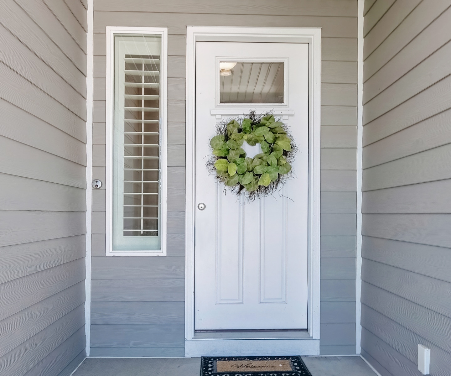 Sidelight Shutter Grey Siding Contrast Magnolia Leaf Wreath