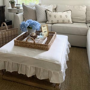Skirted Ottoman Ruffled Pinstripe Pattern Slipcovered Look