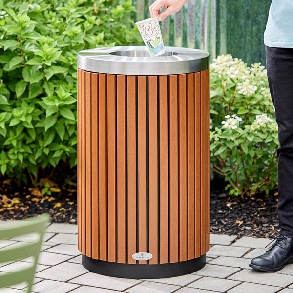 Slatted Outdoor Trash Can with Brushed Steel Open Top Bin
