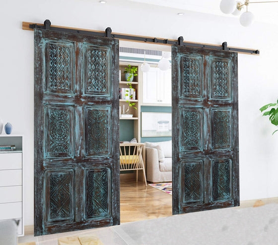 Sliding Barn Door Distressed Teal With Mandala Carvings