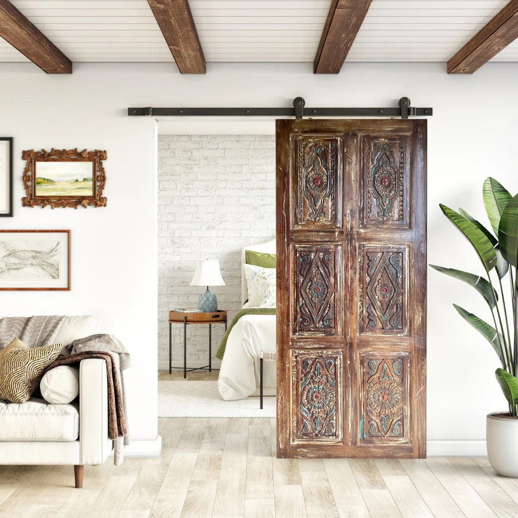 Sliding Barn Door Floral Carved Panels Antique Wood Look