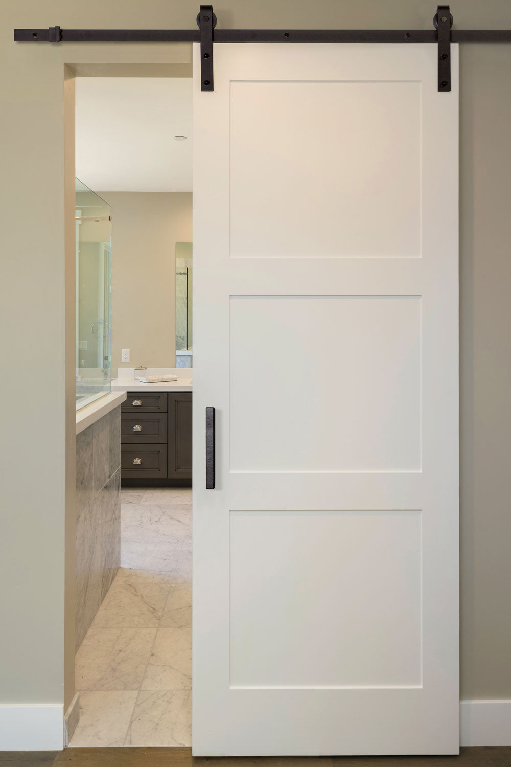 Sliding Barn Door Shaker Three Panel Design White Finish