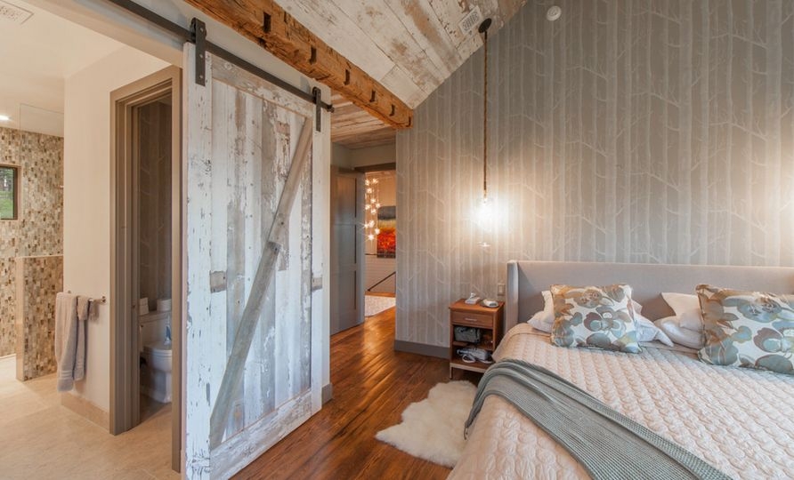 Sliding Barn Door Weathered Wood Grain Birch Tree Pattern