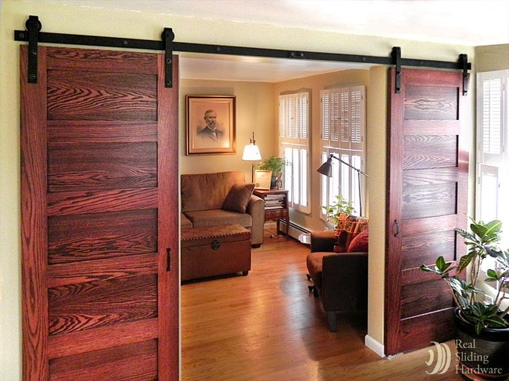 Sliding Barn Doors Reddish Wood Grain Double Door System