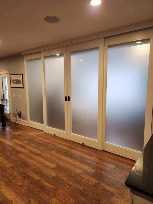 Sliding Room Divider Frosted Glass Panels White Wood Frame