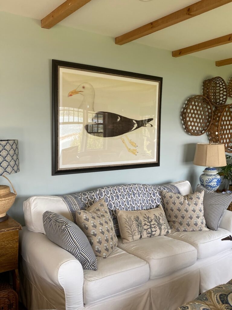 Slipcovered Couch with Seagull Artwork Coastal Maine Living Room