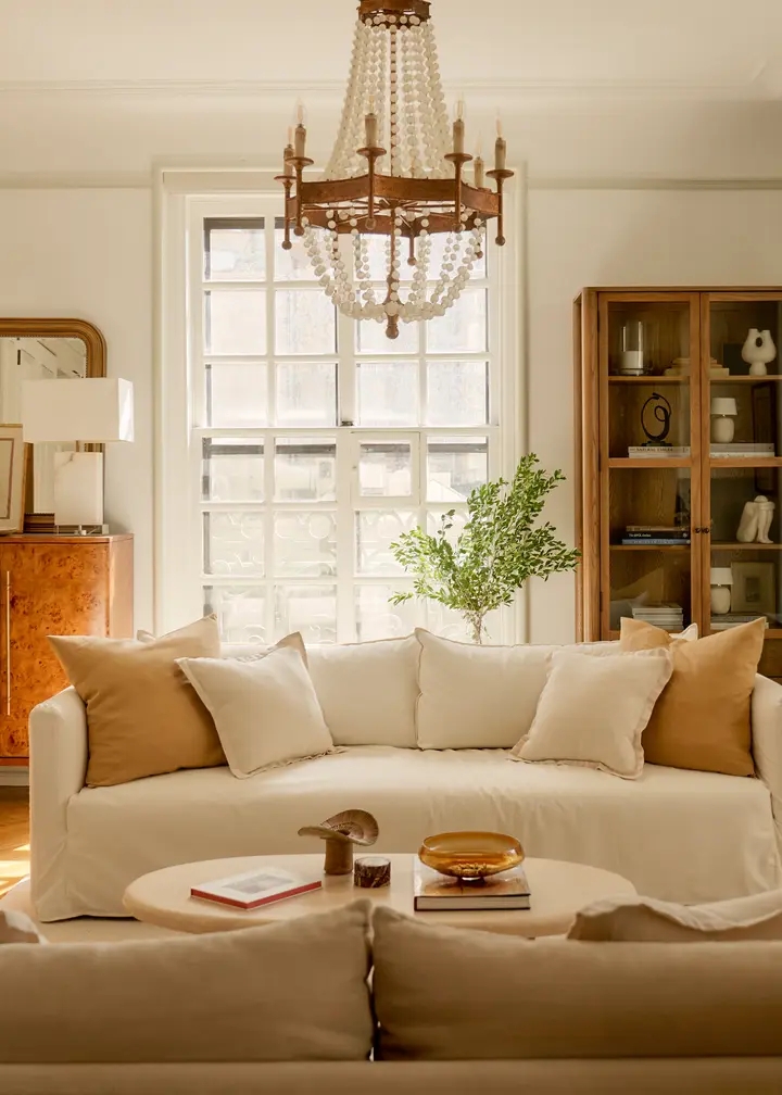 Slipcovered Sofa Warm Cream Burl Wood Chest Minimalist