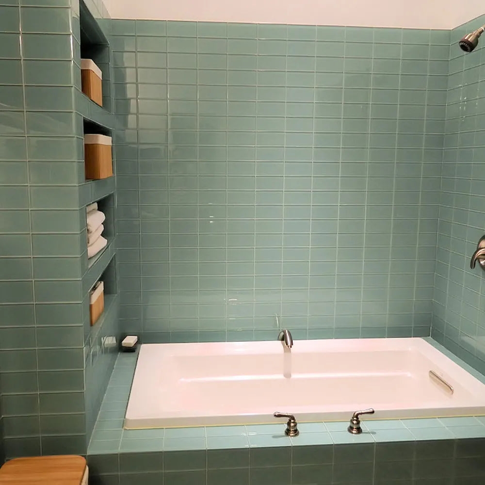 Soaking Tub Glass Sage Green Vertically Stacked Tile