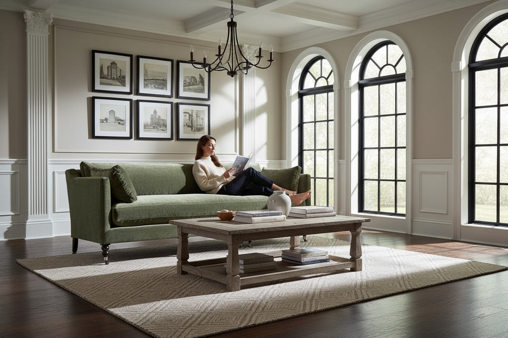 Sofa: 90 Inch Velvet with Single Bench Seat and Casters