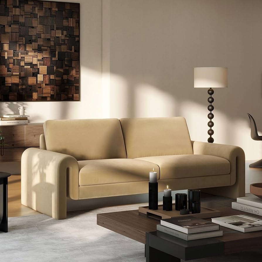 Sofa Arched Arm Detail Minimalist Beige Velvet Couch