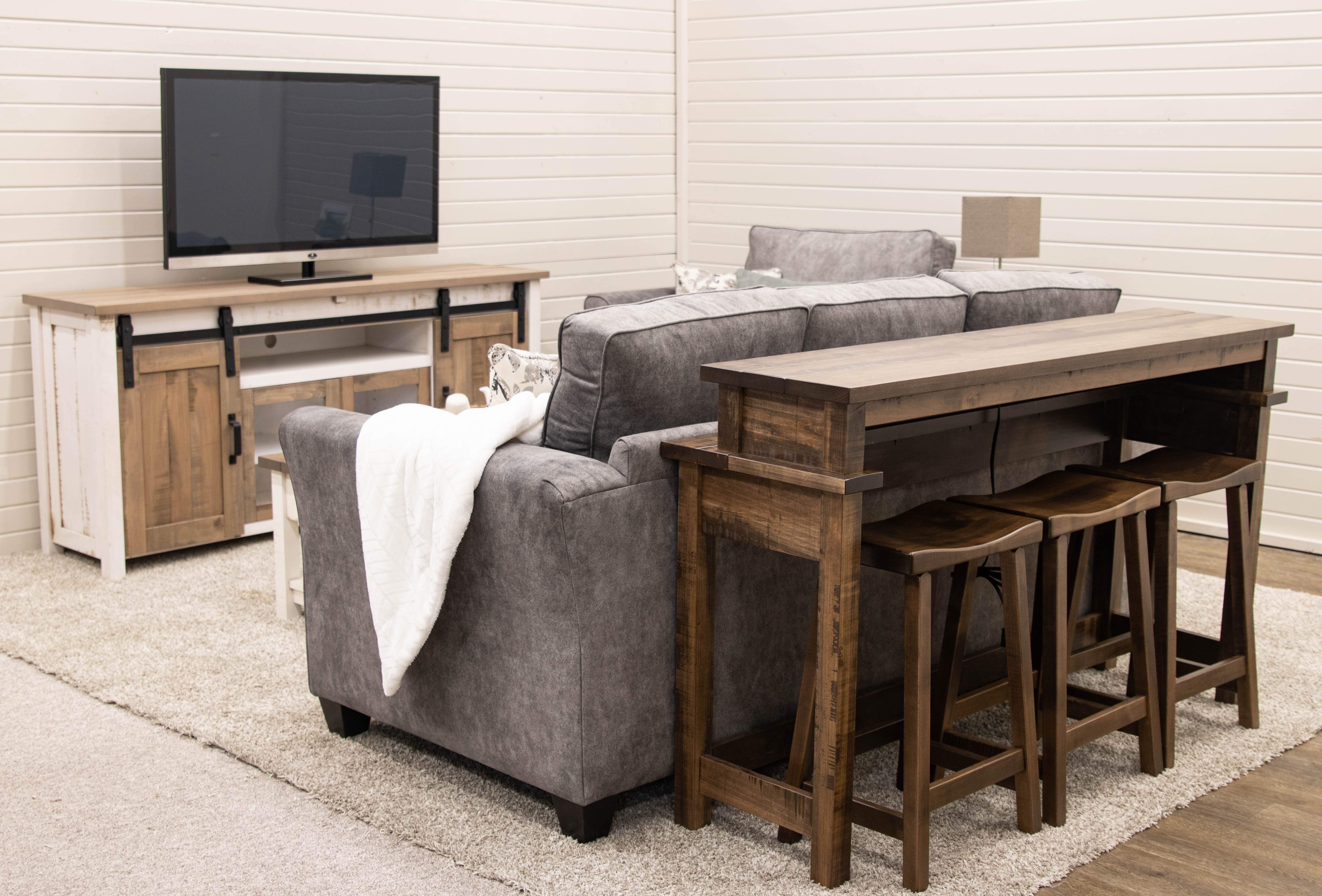 Sofa Bar Table Cocoa Finish Behind Sofa Design with Stools