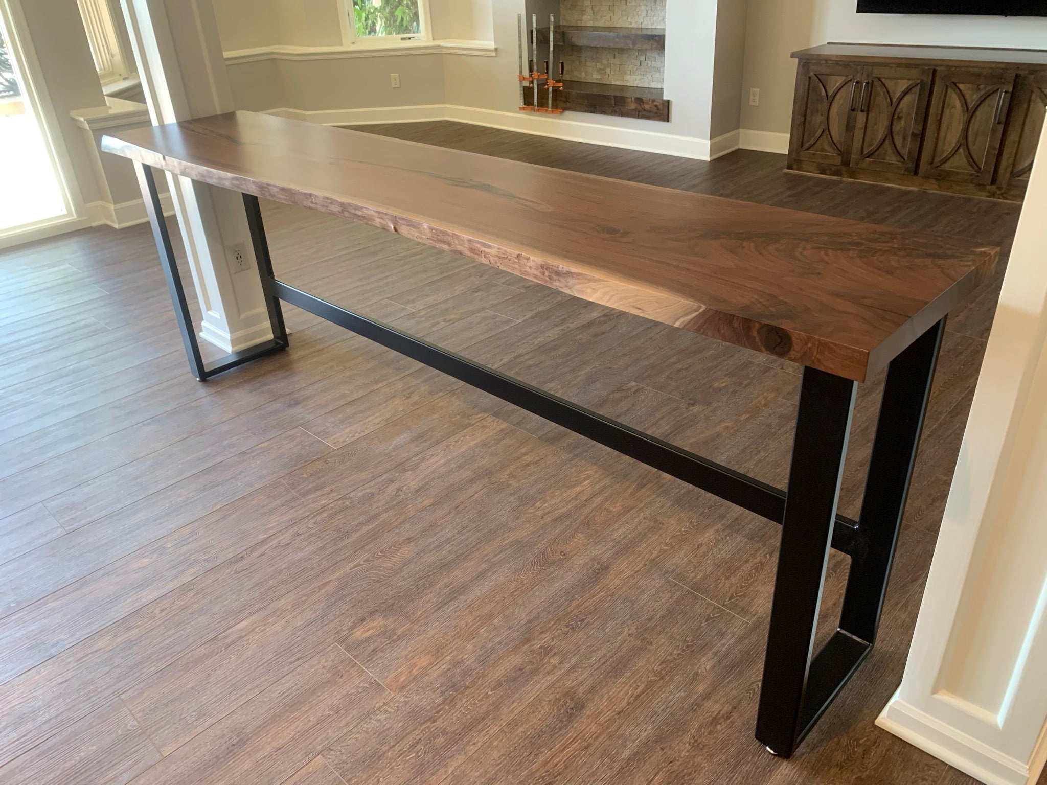 Sofa Bar Table Live Edge Slab Metal U-Base Walnut Finish