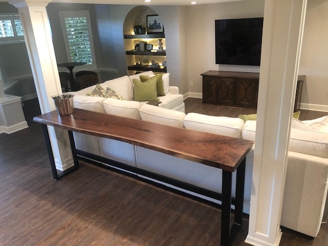 Sofa Bar Table Live Edge Walnut Toned Slab Behind Couch Bar