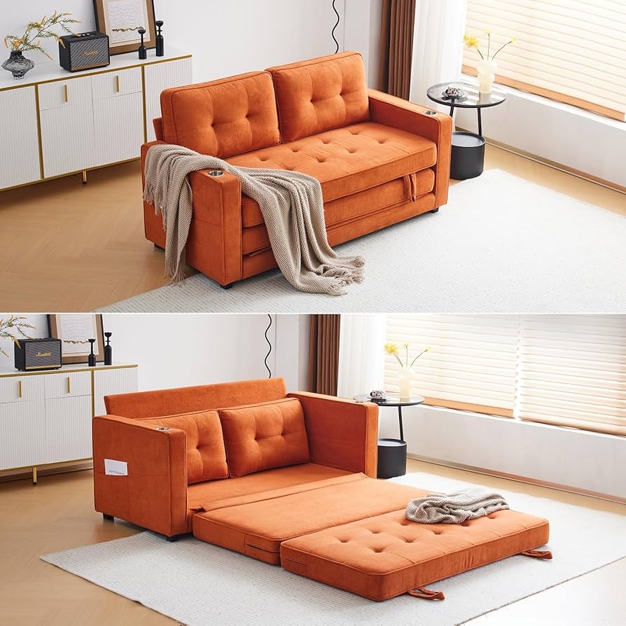 Sofa Bed with Integrated Cup Holders and Side Pocket