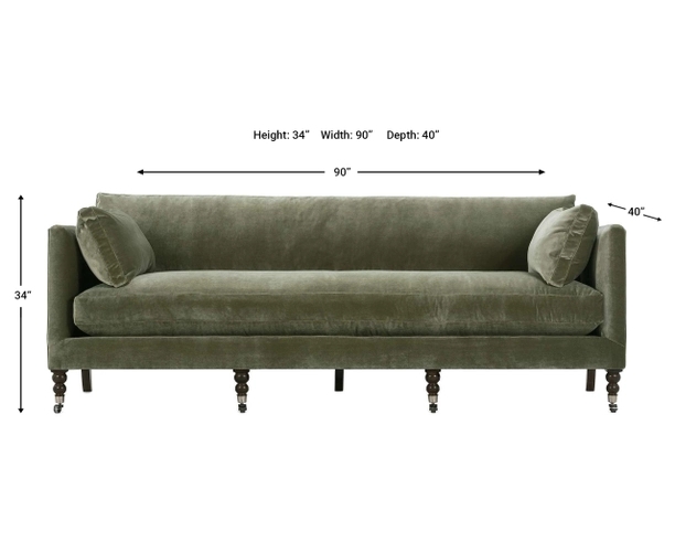 Sofa: Bench Seat Cushion Velvet with Turned Caster Legs