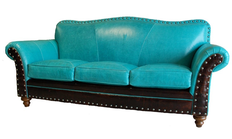 Sofa Bright Blue Scalloped Camelback Leather Seating