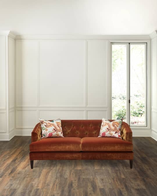 Sofa: Burnt Orange 73 Inch Tapered Leg Burnt Orange Tufted Sofa